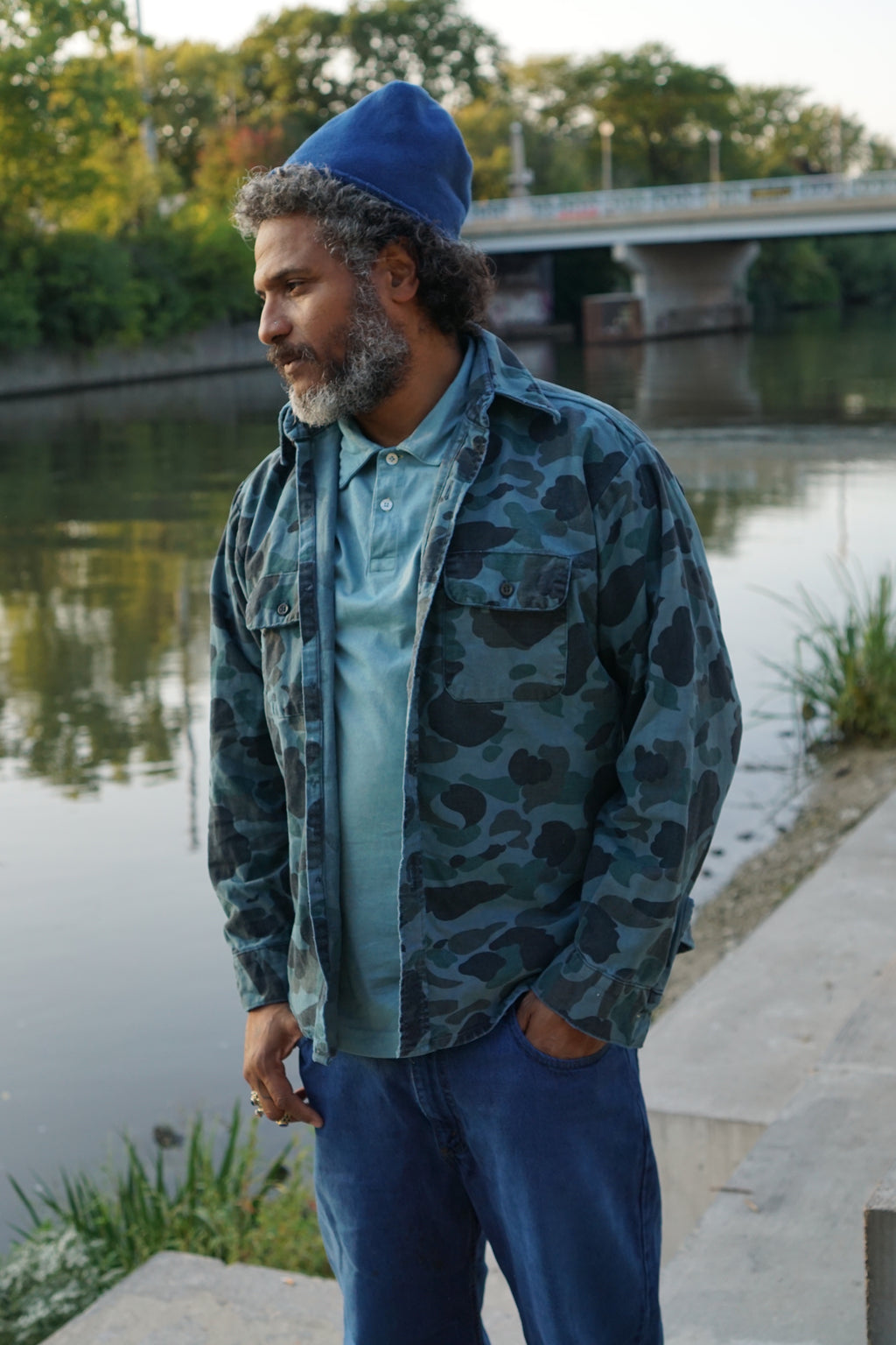 Cloud Camo Shirt Jacket, Indigo Screen Printed Organic Cotton Canvas