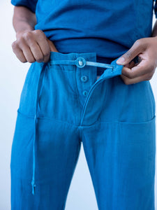 6-Pocket Drawstring Pant in Medium Indigo Organic Cotton Herringbone